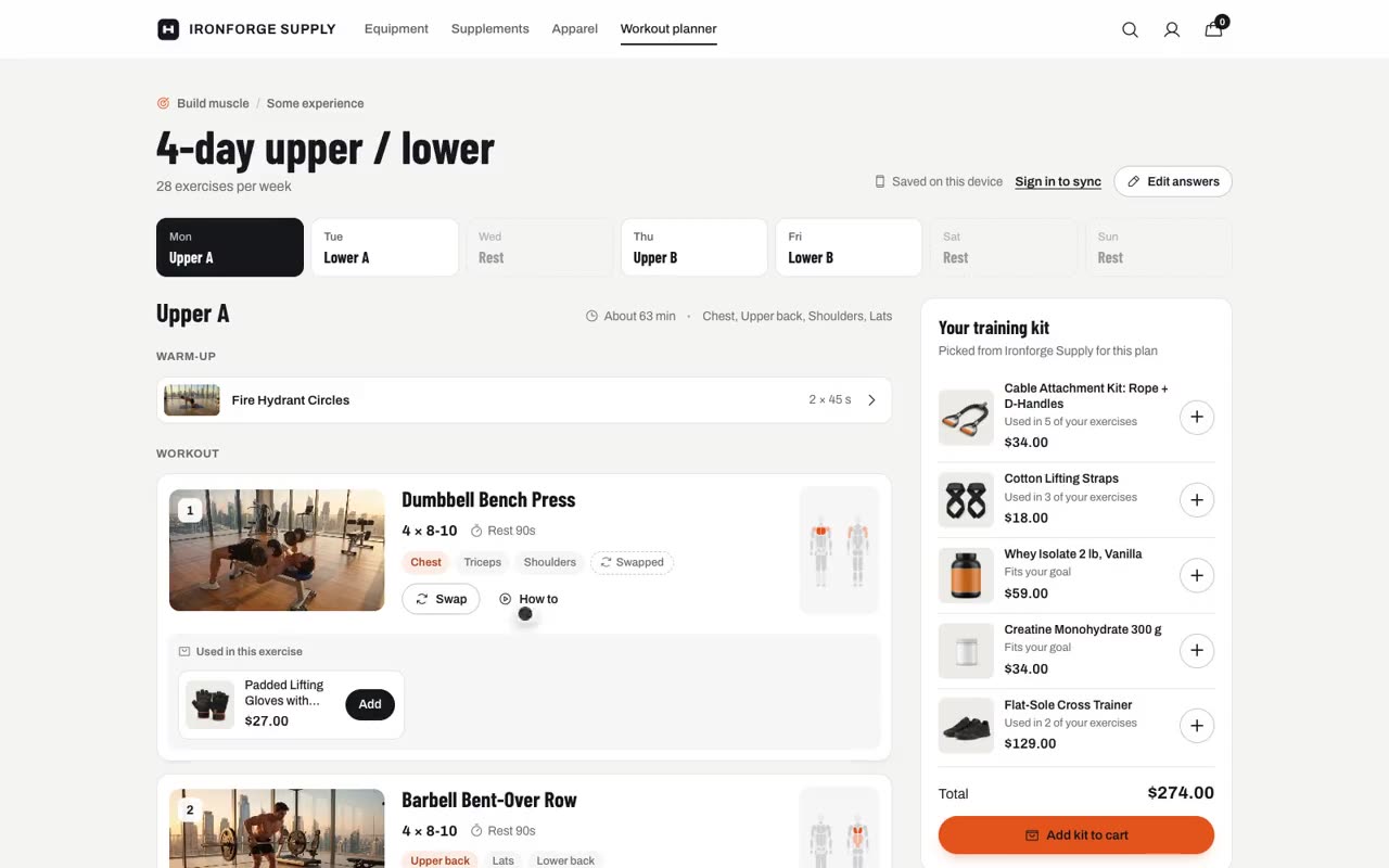 Training kit with matched products and add-to-cart